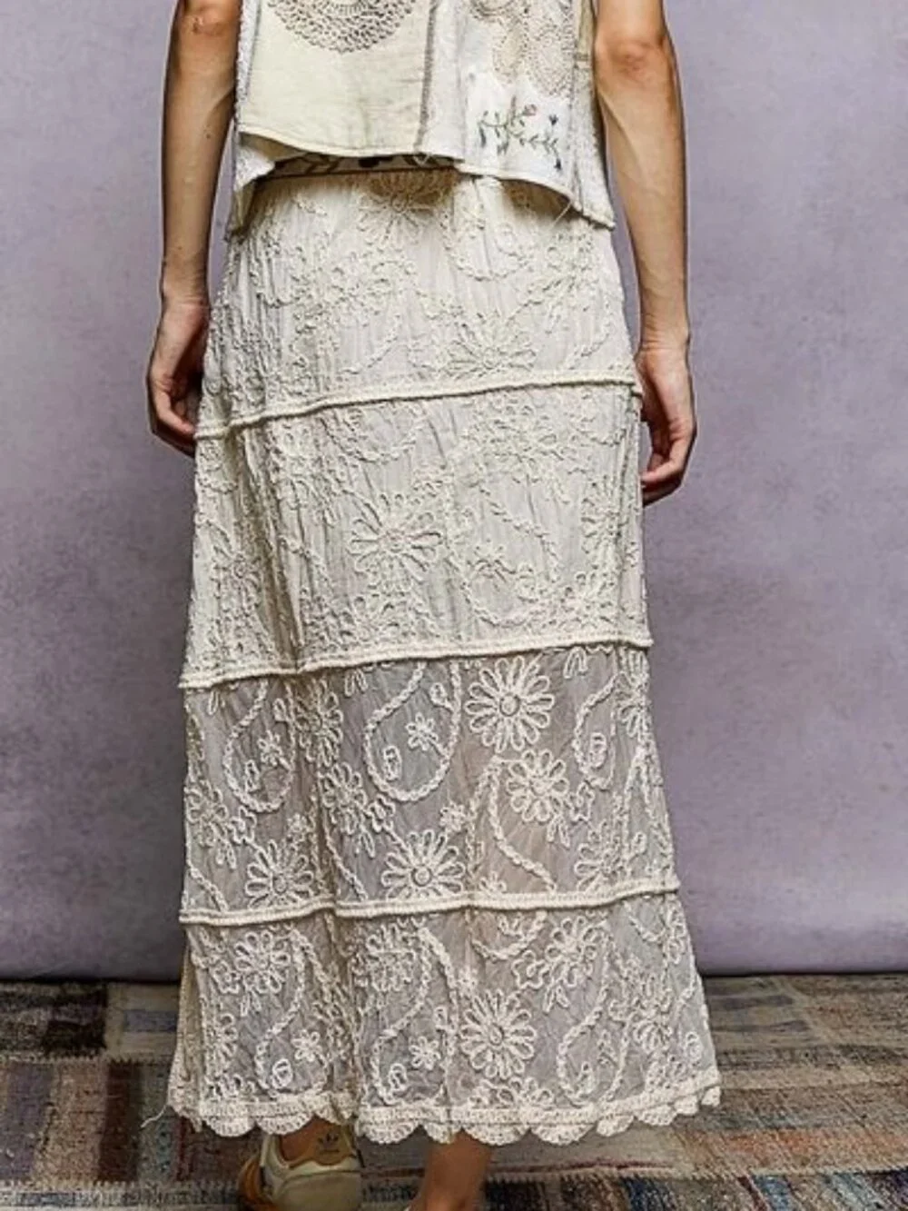Floral Embroidered Tiered Crochet Skirt Boho Cottagecore Style - Picture 3 of 5